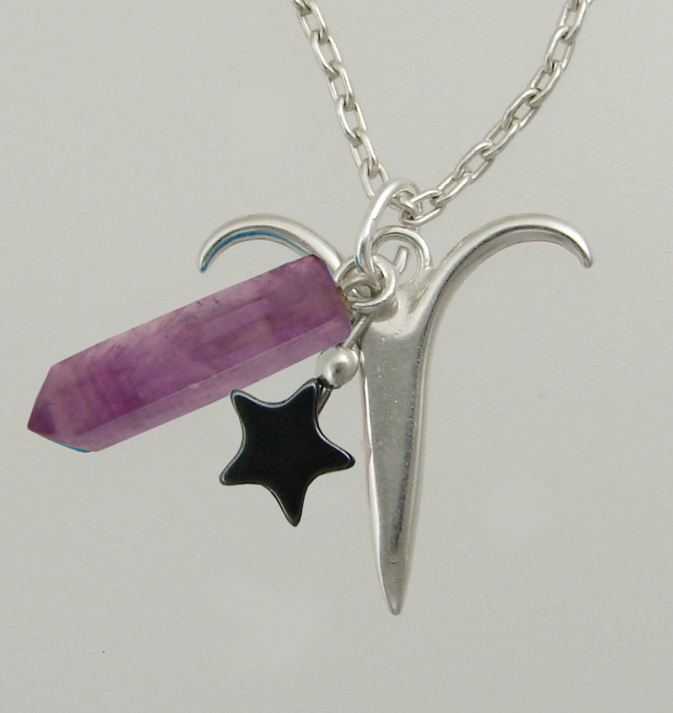 Sterling Silver Aries Pendant Necklace With an Amethyst Crystal And a Black Onyx Star